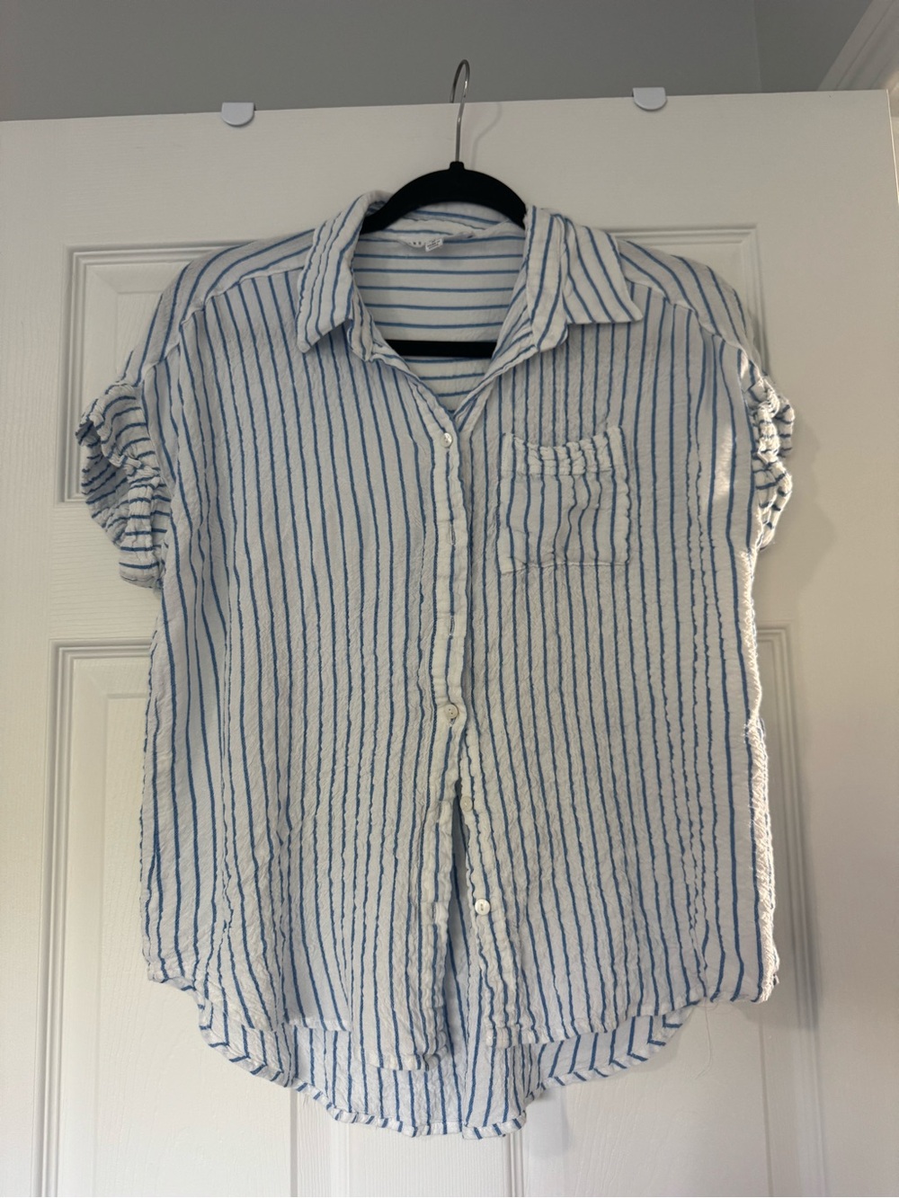 Jane and Delancey Striped Light Blue and White Short Sleeve Button-Down Shirt
